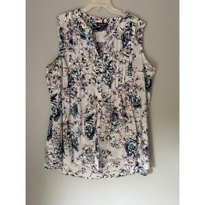 Roamans Womens 26W Sleeveless Pintuck Floral Button Front Blouse Blue Purple